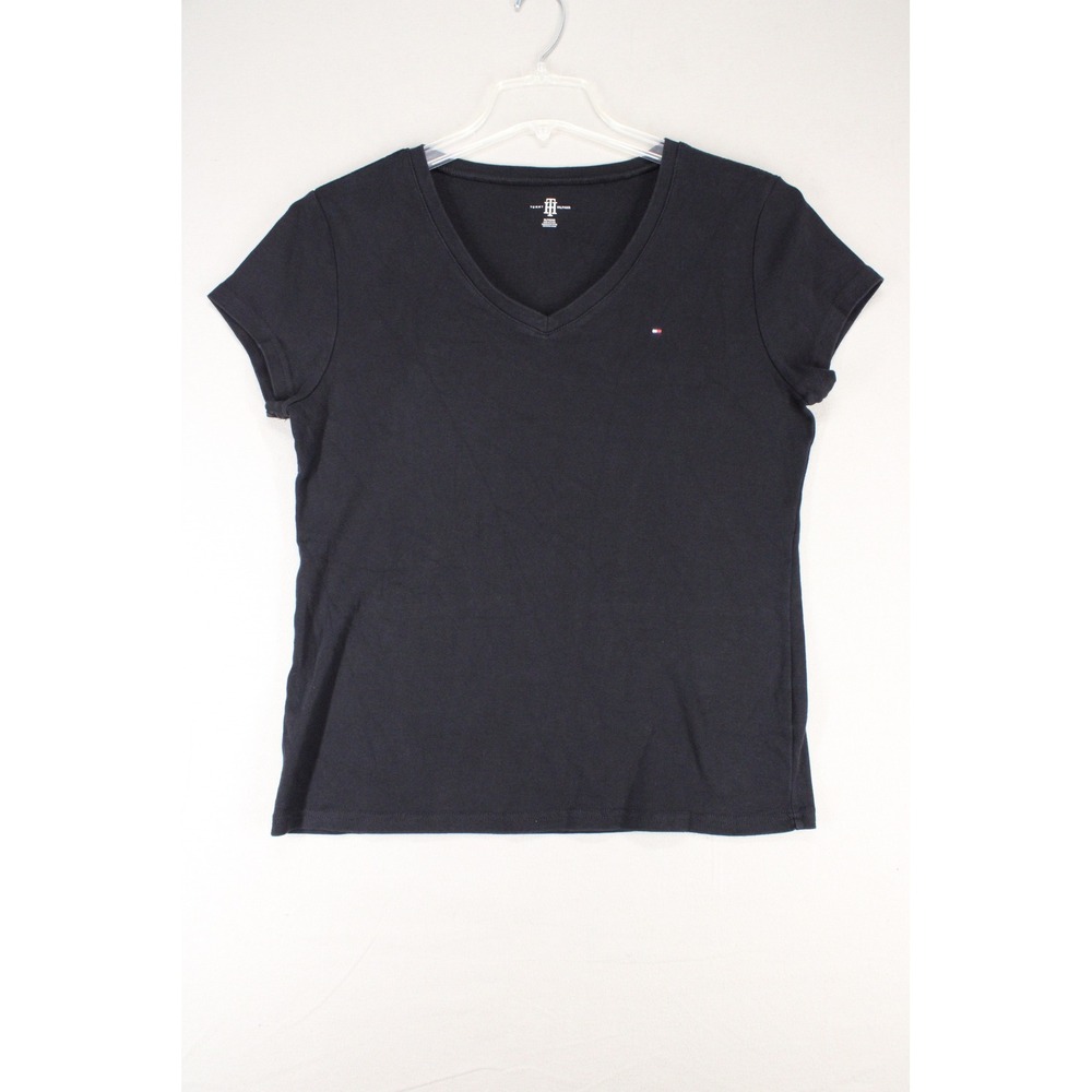 Tommy Hilfiger T-Shirt V-Neck Women XL Navy Blue Cotton Logo Preppy Minimalist